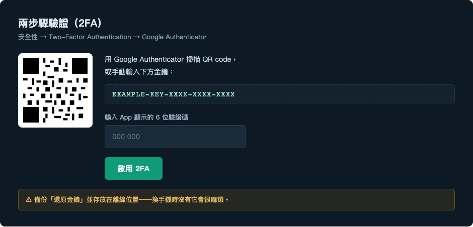 Bitfinex 2FA 設定示意:用 Google Authenticator 掃描 QR code 並輸入驗證碼