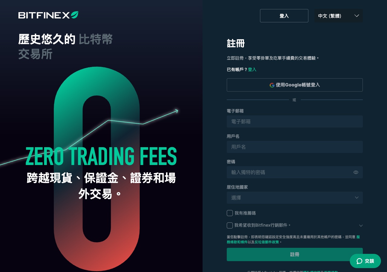 Bitfinex 註冊頁面:填寫電子郵箱、用戶名、密碼與居住地國家